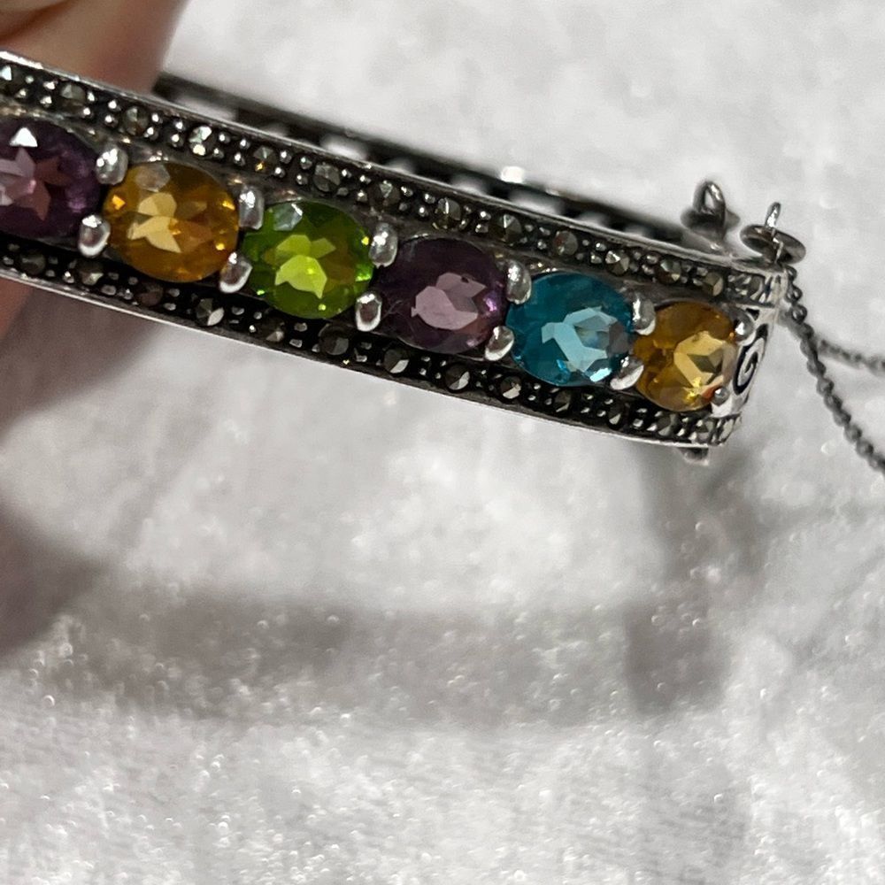Gorgeous Vintage Sterling Silver Gemstone Bracelet Heavy Weight Safety Chain